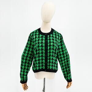 90s Jaymee Papell Black Green Satin Houndstooth Jacket Blazer